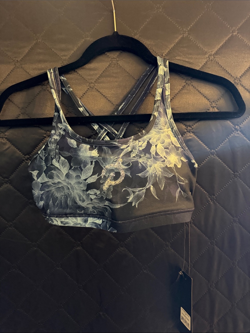 Peloton Floral Print Strappy Sports Bra - Black and White
